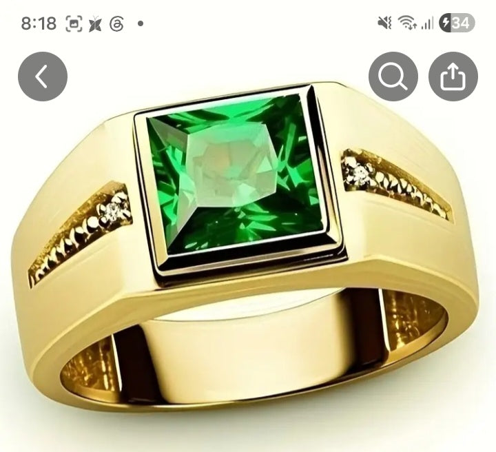 Men's Vintage S-925 Sterling Silver Green Square Gemstone Cut Ring